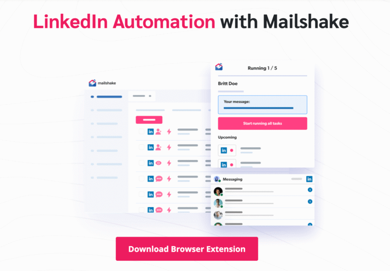 LinkedIn automation interface with Mailshake, showcasing task management features and a call-to-action to download the browser extension.