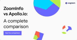 ZoomInfo vs Apollo.io comparison graphic with colorful geometric shapes and a call-to-action button for a complete comparison.