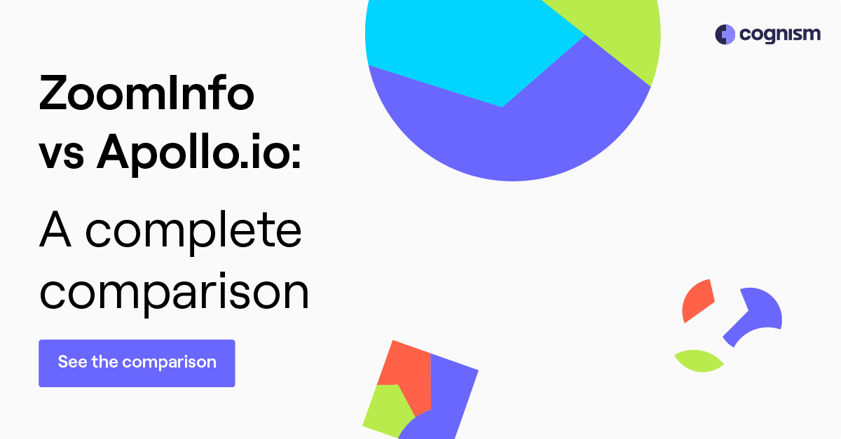 ZoomInfo vs Apollo.io comparison graphic featuring colorful geometric shapes and text highlighting a complete comparison, relevant to data-intelligence tools for B2B marketing strategies.