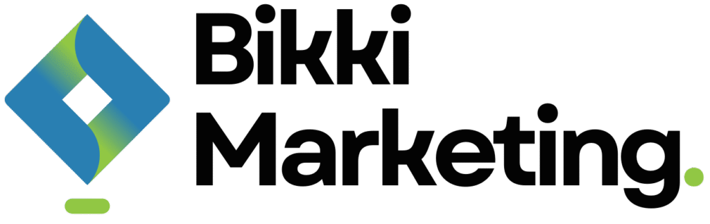 Bikki Marketing logo featuring a blue diamond shape and modern typography, representing a marketing agency focused on tailored strategies and solutions.