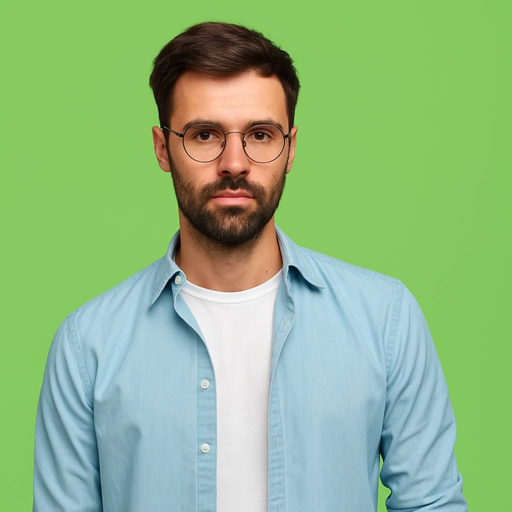 Man with glasses and a beard wearing a light blue shirt against a green background, representing Ben Taylor, a marketing leader with 20+ years of experience in B2B and B2C growth strategies.