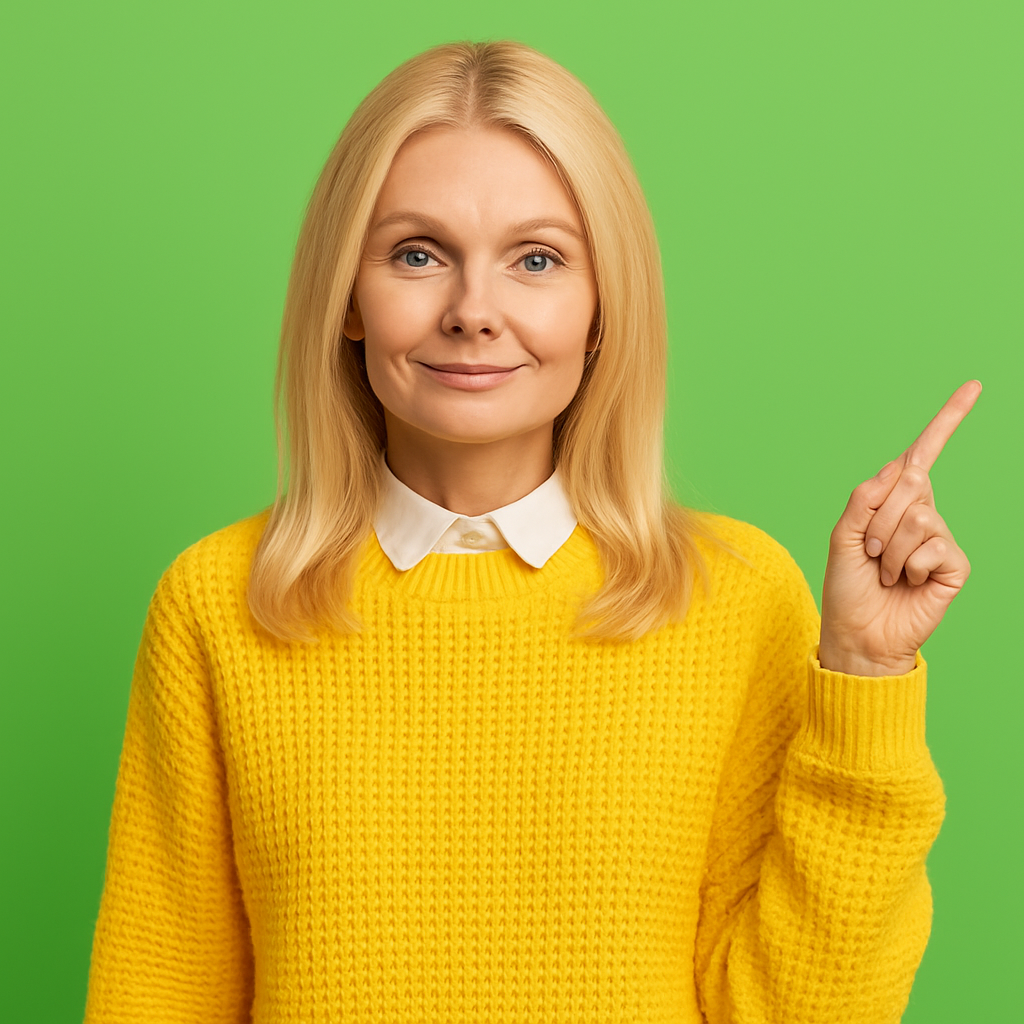 Smiling woman in a yellow sweater pointing upwards against a green background, representing engagement and communication for Bikki Marketing's contact page.