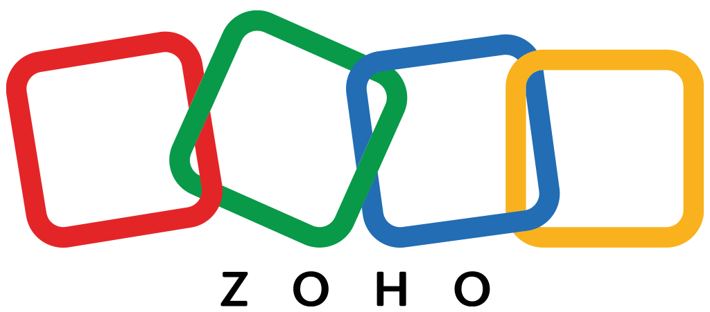 Zoho logo featuring colorful overlapping squares representing a comprehensive tech stack for B2B SaaS, IT services, and more.