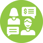 Icon representing meetings and collaboration, featuring figures with speech bubbles and financial symbols, relevant to CRM and customer operations in Bikki Marketing's tech stack.
