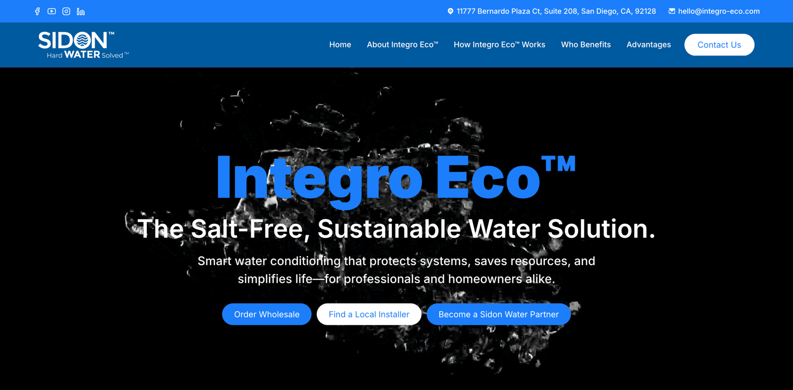 Integro Eco&trade; logo and tagline "The Salt-Free, Sustainable Water Solution" on a dark background, emphasizing smart water conditioning benefits for professionals and homeowners.