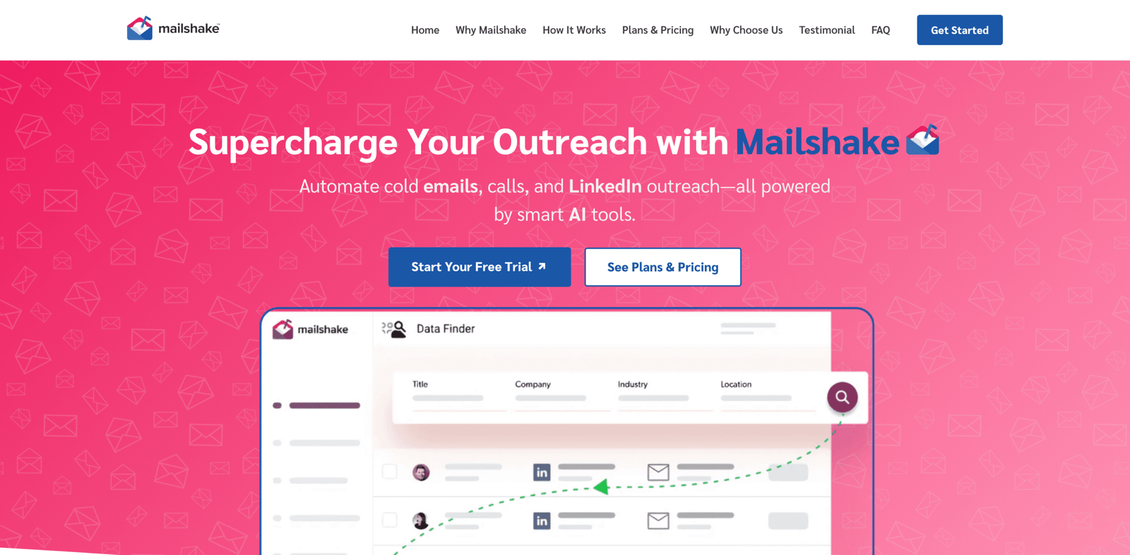 Mailshake promotional image featuring a pink background with email icons, showcasing automated outreach tools for emails, calls, and LinkedIn, emphasizing efficiency in lead generation and engagement metrics.