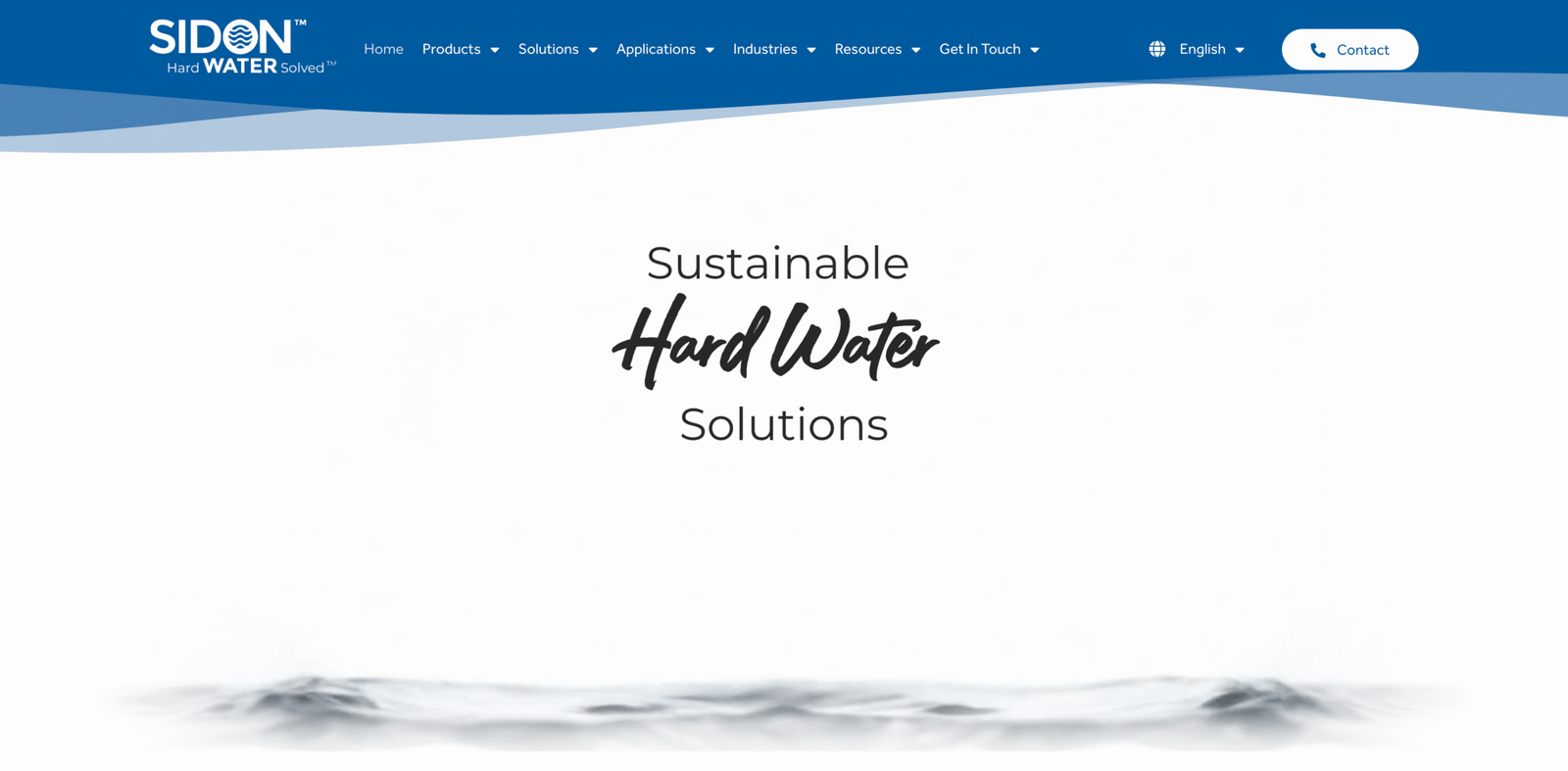 Sustainable hard water solutions by Sidon, featuring a clean design with a blue and white color scheme, emphasizing water treatment services.