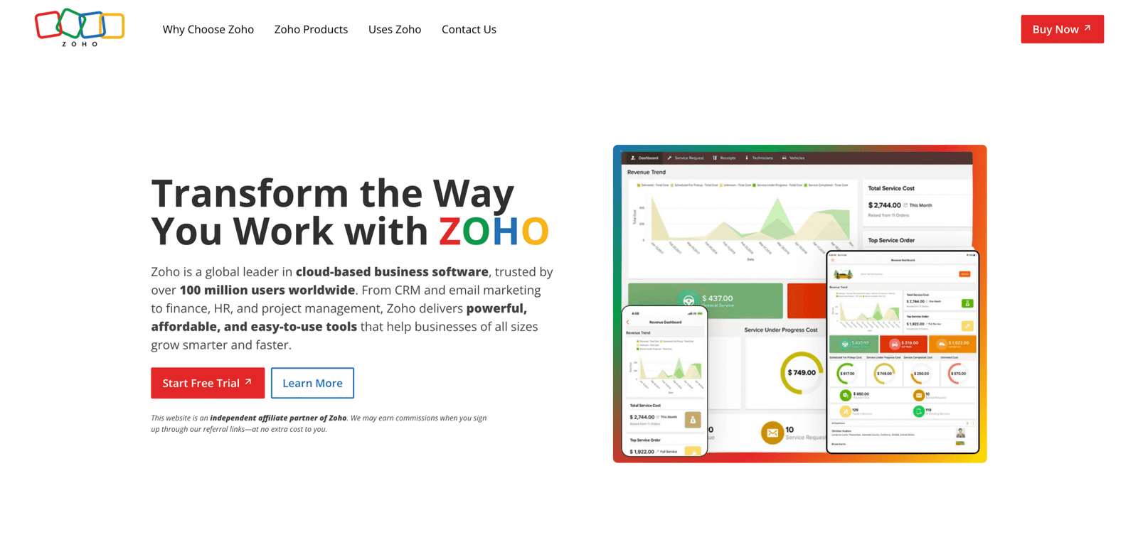 Dashboard interface showcasing Zoho's cloud-based business software, featuring revenue trends, service costs, and performance metrics, highlighting efficiency and data visibility improvements for business operations.